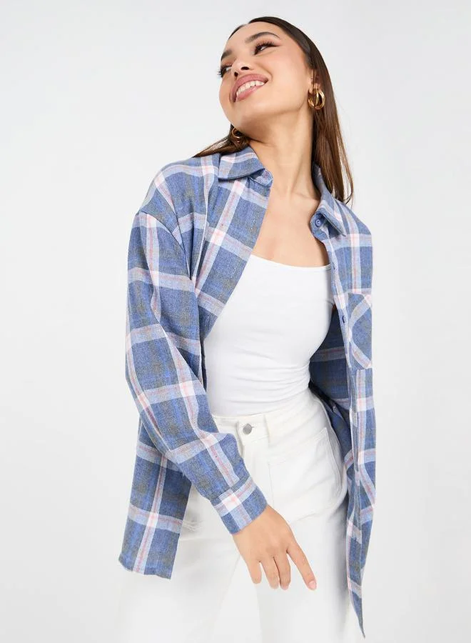 Styli Checked Oversized Longline Shirt with Patch Pocket