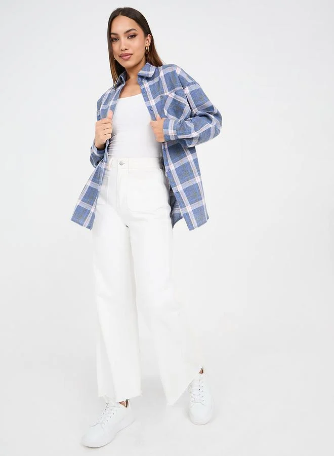 Styli Checked Oversized Longline Shirt with Patch Pocket