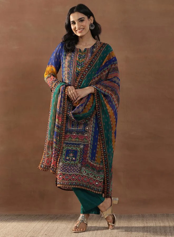 Libas Multi Printed Organza Straight Kurta, Trousers And Dupatta Set