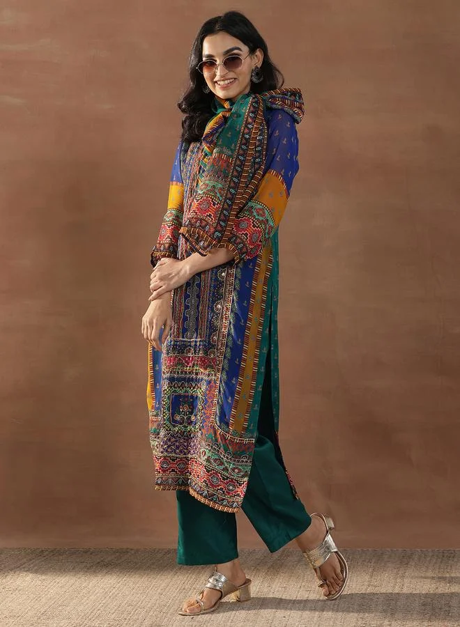 Libas Multi Printed Organza Straight Kurta, Trousers And Dupatta Set