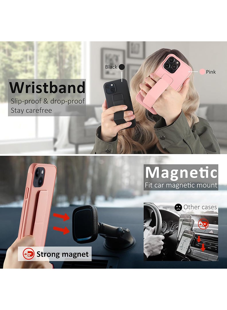 Case Up Compatible with Apple iPhone 14 Plus Case with Magnetic Stand & Holder, Premium Silicone Finger Grip Strap Holder Case Car Mount Kickstand Cover- Pink - Image 3