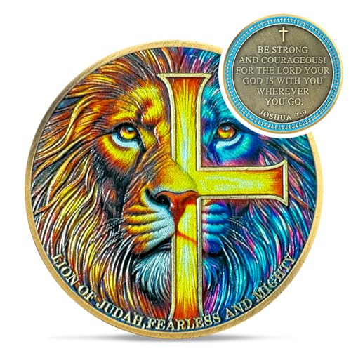 IELCJJ Lion of Judah Christian Challenge Coin - Rare Joshua 1:9 Religious Jesus Coins - Inspirational Cross God Pocket Bible Verses Chip Token for Study - Good Luck Commemorative Gifts for Men Women - Image 1