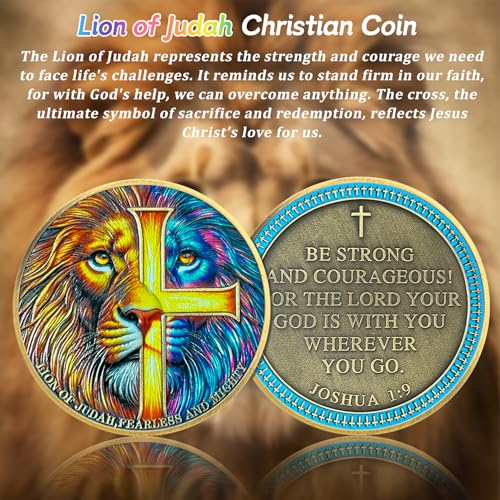 IELCJJ Lion of Judah Christian Challenge Coin - Rare Joshua 1:9 Religious Jesus Coins - Inspirational Cross God Pocket Bible Verses Chip Token for Study - Good Luck Commemorative Gifts for Men Women - Image 2