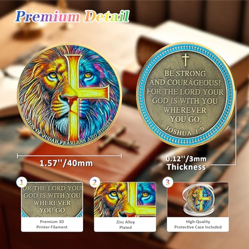 IELCJJ Lion of Judah Christian Challenge Coin - Rare Joshua 1:9 Religious Jesus Coins - Inspirational Cross God Pocket Bible Verses Chip Token for Study - Good Luck Commemorative Gifts for Men Women - Image 3