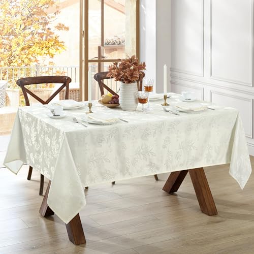 Elrene Home Fashions Elegant Woven Leaves Jacquard Damask Tablecloth 52 x 52 Square Ivory - Image 3