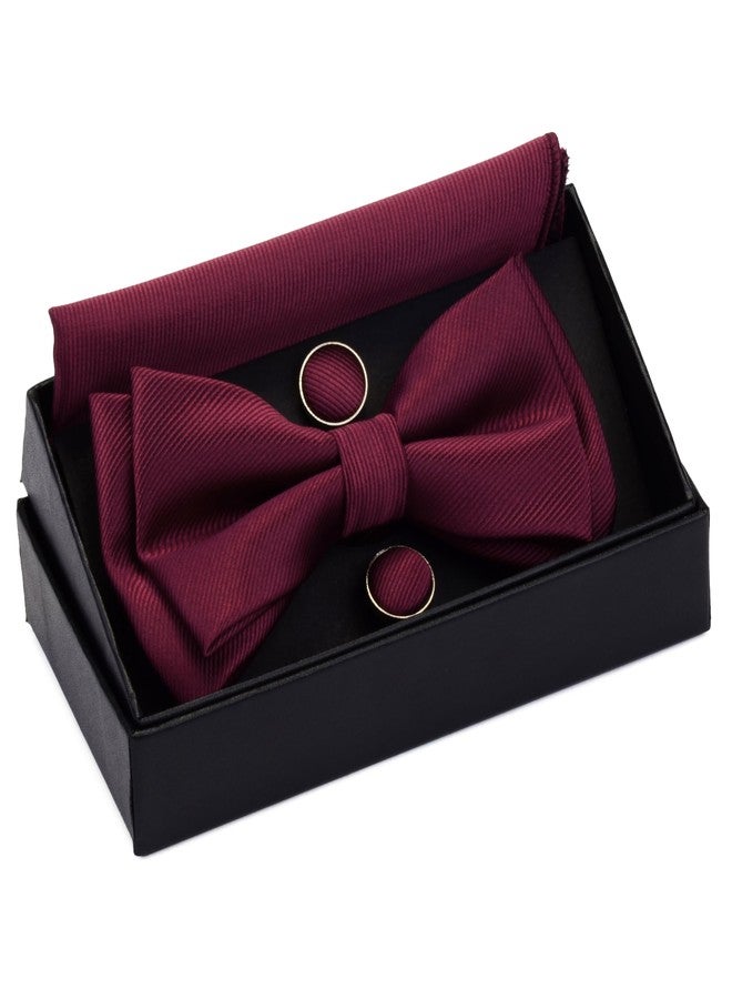 GUSLESON Burgundy Bow Tie Pre-tied Adjustable Wine Red Bow Ties and Pocket Square Cufflink Sets (0577-06) - Image 2