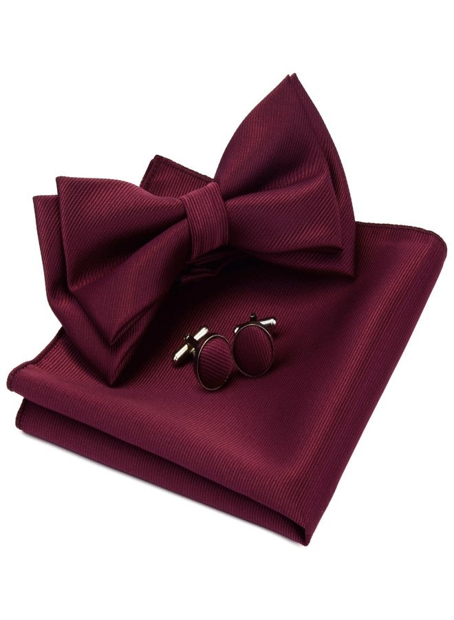 GUSLESON Burgundy Bow Tie Pre-tied Adjustable Wine Red Bow Ties and Pocket Square Cufflink Sets (0577-06) - Image 1