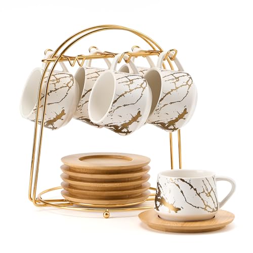 LUKA Ceramic Espresso Cups with Saucers and Metal Stand, Small 4 oz Porcelain Demitasse Cups Set of 6, Cute Cappuccino Coffee Cups for Double Espresso, Tea, Marbling White - Image 1
