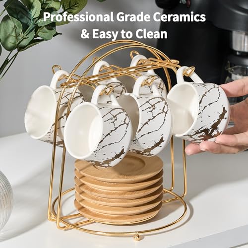 LUKA Ceramic Espresso Cups with Saucers and Metal Stand, Small 4 oz Porcelain Demitasse Cups Set of 6, Cute Cappuccino Coffee Cups for Double Espresso, Tea, Marbling White - Image 5
