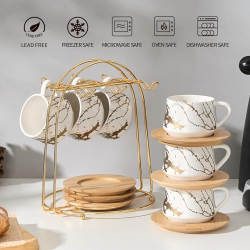 LUKA Ceramic Espresso Cups with Saucers and Metal Stand, Small 4 oz Porcelain Demitasse Cups Set of 6, Cute Cappuccino Coffee Cups for Double Espresso, Tea, Marbling White - Image 4