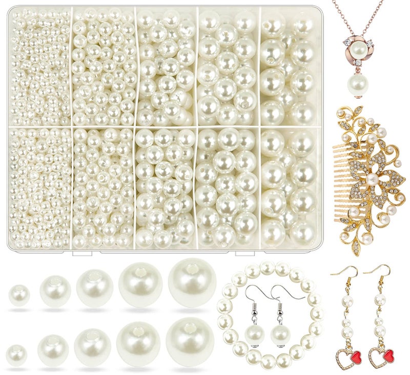 Wavlakth White Pearl Beads for Jewelry Making Wavlakth 1750pcs White Pearl Craft Bead with Hole 4mm 6mm 8mm 10mm 12mm Loose Spacer Bead for Necklace Bracelet Earrings Ring Choker Wedding Dress Dor White
