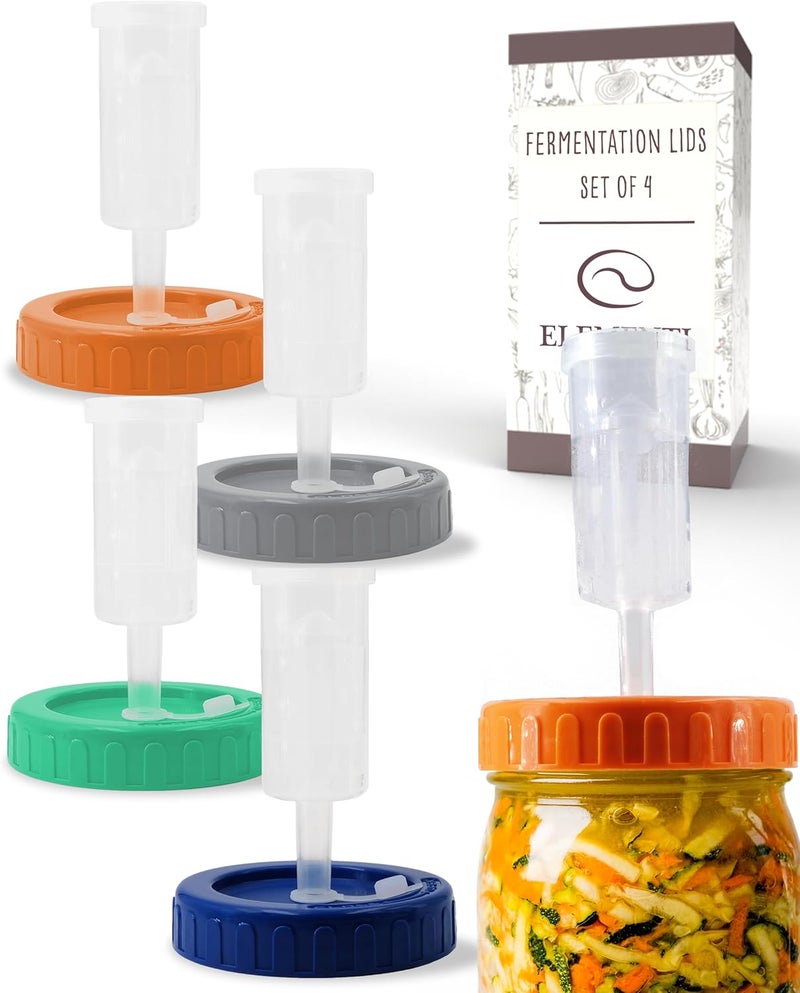 Elementi Mason Jar Fermentation Lids - Easy to Use Fermenting Lids for Wide Mouth Mason Jars - Make Delicious Sauerkraut & Kimchi, Airlocks Fermentation Kit, Burping Air Lock Fermenters - Set of 4 - Image 1