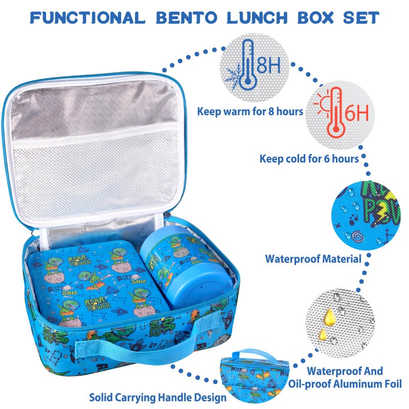 Howeemo Bento Lunch Box Set for Kids with 10oz Soup Thermo, Leak-Proof Lunch Containers with 4 Compartment, Kids Thermo Hot Food Jar and Insulated Lunch Bag for Kid to School,BPA-Free(Dragon) - Image 2