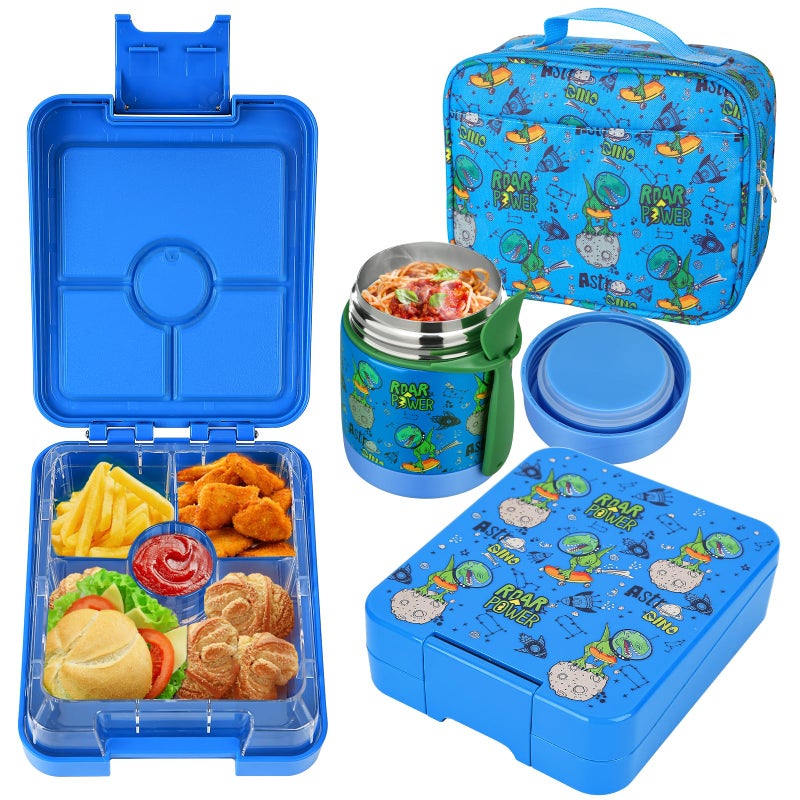 Howeemo Bento Lunch Box Set for Kids with 10oz Soup Thermo, Leak-Proof Lunch Containers with 4 Compartment, Kids Thermo Hot Food Jar and Insulated Lunch Bag for Kid to School,BPA-Free(Dragon) - Image 1