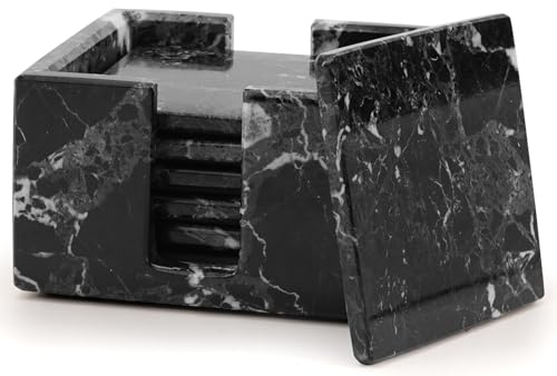 Radicaln Black Marble Coasters Set of 6 Handmade 35 Inch Square Coasters for Drinks Coaster Set with Holder Elegant Table Decor - Image 1