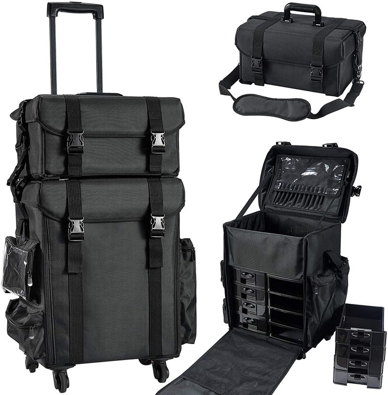 Qtavia Lookstar Professional Trolly Bag Vanity for Multi Function Artist Rolling Trolley Makeup Beauty Train Case Cosmetic OrganizerBlack Multi Storage Vanity Bag Van and Trolley for Parlour  - Image 1