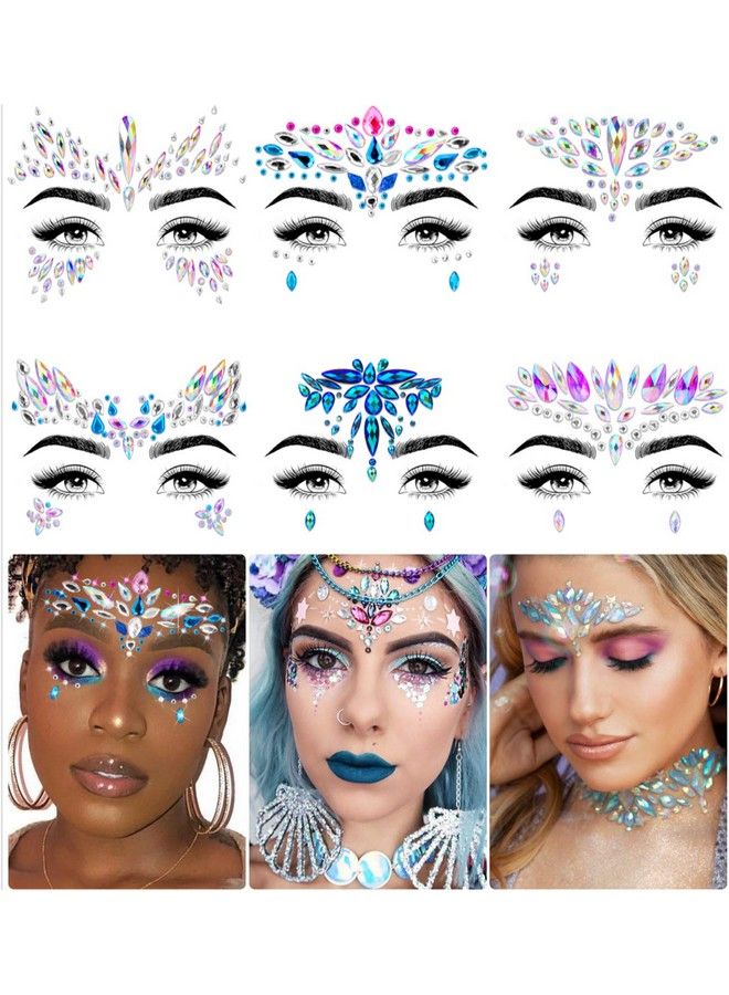 iMethod Face Jewels Face Gems Mermaid Face Jewels Stick On Rave Accessories for Festival Holiday Costumes & Makeup 6 Pcs - Image 2