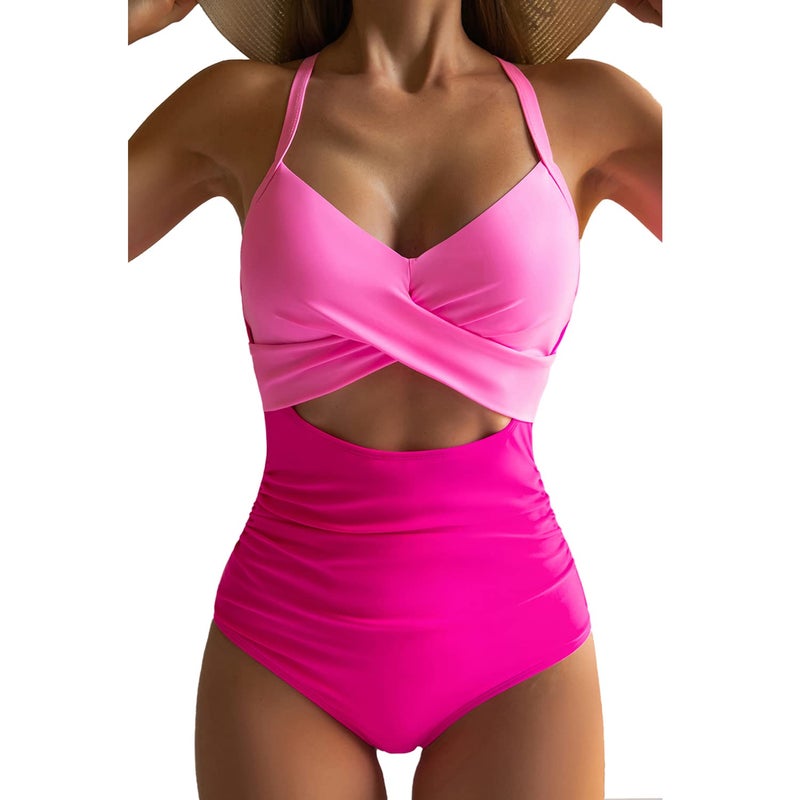 Eomenie Women's One Piece Swimsuits Tummy Control Cutout High Waisted Bathing Suit Wrap Tie Back 1 Piece Swimsuit Pink Color Block - Image 1