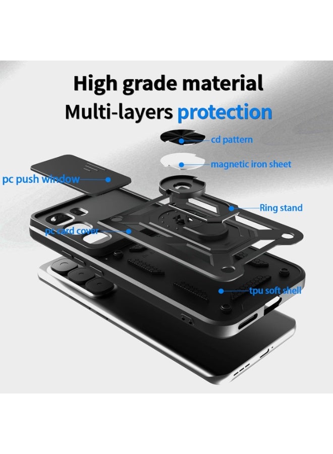 ثلاثة نمور غطاء حماية هاتف Infinix Hot 60 Pro+ (Hot 60 Pro Plus)، غطاء عدسة الكاميرا المنزلقة، حامل حلقة مغناطيسية وحامل قاعدة لحماية الهاتف، أسود - Image 2