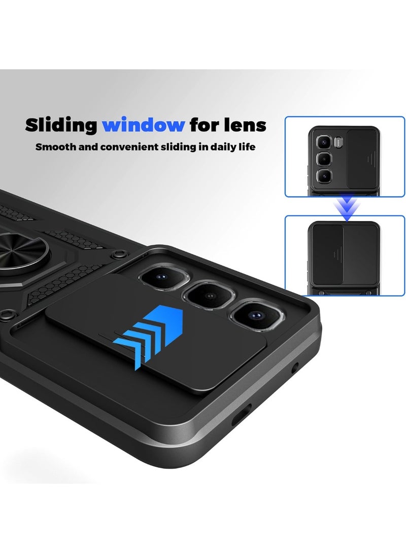 ثلاثة نمور غطاء حماية هاتف Infinix Hot 60 Pro+ (Hot 60 Pro Plus)، غطاء عدسة الكاميرا المنزلقة، حامل حلقة مغناطيسية وحامل قاعدة لحماية الهاتف، أسود - Image 3