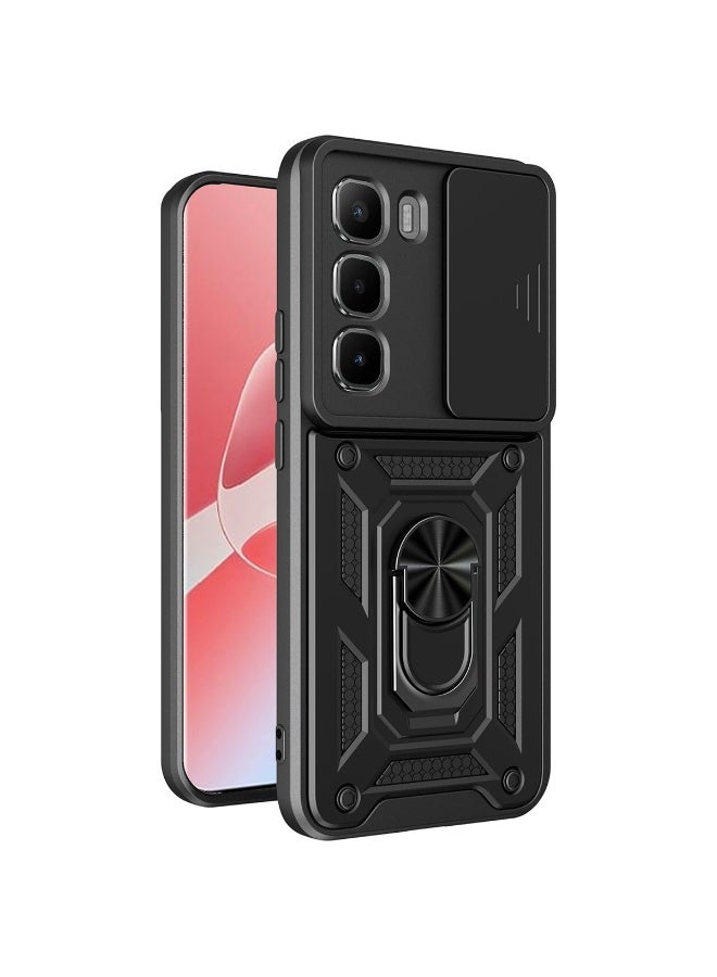 ثلاثة نمور غطاء حماية هاتف Infinix Hot 60 Pro+ (Hot 60 Pro Plus)، غطاء عدسة الكاميرا المنزلقة، حامل حلقة مغناطيسية وحامل قاعدة لحماية الهاتف، أسود - Image 1