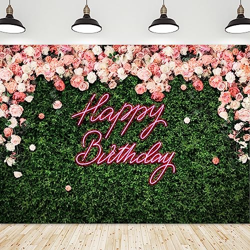 Riyidecor Happy Birthday Backdrop for Women，Girls Flower Wall Pink Rose，Green Leaves Floral Blossom Botanical Plant Nature 7Wx5H Feet Photography Background 30 Birthday Photo Studio Shoot Fabric - Image 1