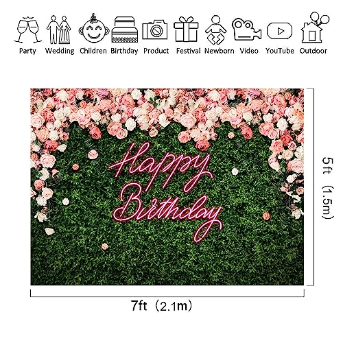 Riyidecor Happy Birthday Backdrop for Women，Girls Flower Wall Pink Rose，Green Leaves Floral Blossom Botanical Plant Nature 7Wx5H Feet Photography Background 30 Birthday Photo Studio Shoot Fabric - Image 3