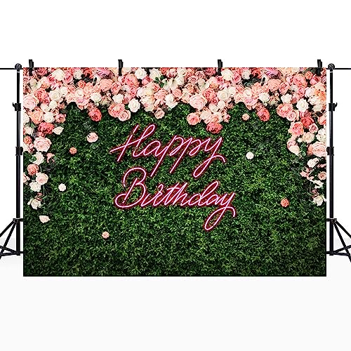 Riyidecor Happy Birthday Backdrop for Women，Girls Flower Wall Pink Rose，Green Leaves Floral Blossom Botanical Plant Nature 7Wx5H Feet Photography Background 30 Birthday Photo Studio Shoot Fabric - Image 2