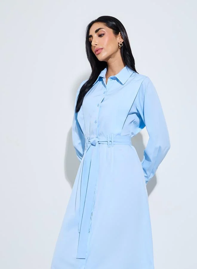ستايلي Blue Plain Long Sleeve Shirt Midi Dress