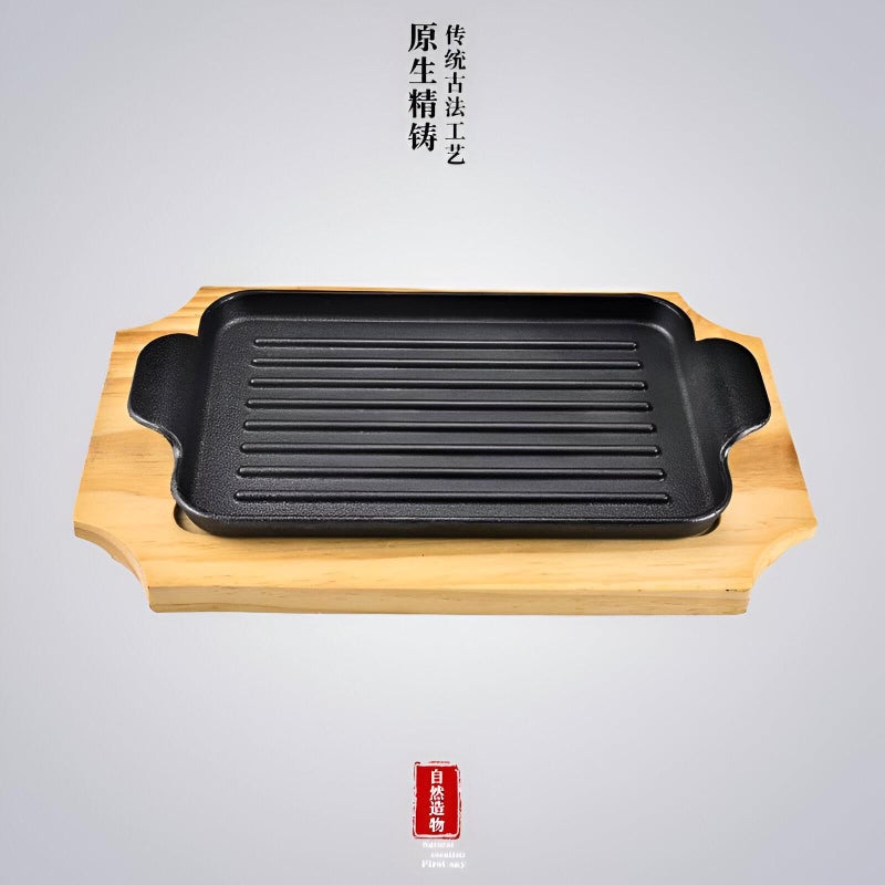 Indoor/Outdoor Cast Iron Griddle - Square, Black Finish, 27x22cm, Ribbed Surface with Wooden Base, Ideal for Versatile Cooking Tasks - Image 4