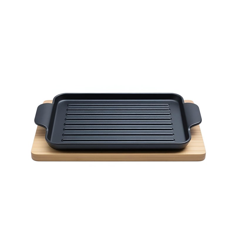 Indoor/Outdoor Cast Iron Griddle - Square, Black Finish, 27x22cm, Ribbed Surface with Wooden Base, Ideal for Versatile Cooking Tasks - Image 1