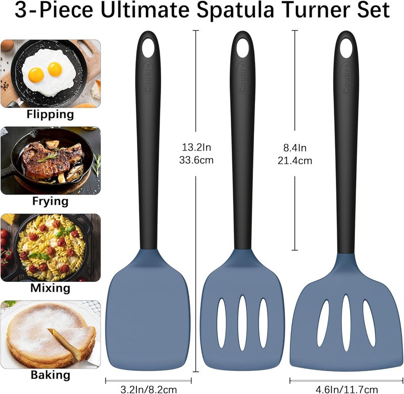 Coukre 3 Pack Silicone Spatula Set, High Heat Resistant, BPA-Free, Fish Spatula, Solid & Slotted Turner for Non-Stick Pans, Flipping Eggs, Pancakes, Fish, Burgers (3, DarkBlueBlack) - Image 2