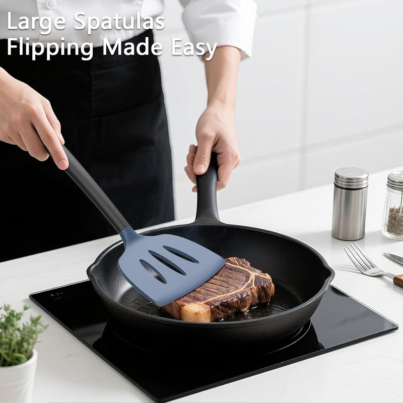 Coukre 3 Pack Silicone Spatula Set, High Heat Resistant, BPA-Free, Fish Spatula, Solid & Slotted Turner for Non-Stick Pans, Flipping Eggs, Pancakes, Fish, Burgers (3, DarkBlueBlack) - Image 3