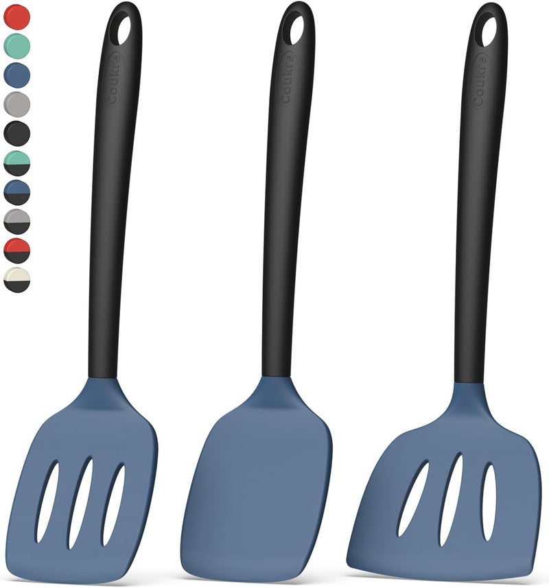 Coukre 3 Pack Silicone Spatula Set, High Heat Resistant, BPA-Free, Fish Spatula, Solid & Slotted Turner for Non-Stick Pans, Flipping Eggs, Pancakes, Fish, Burgers (3, DarkBlueBlack) - Image 1