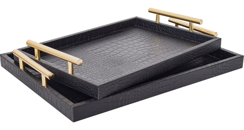 JUMBO HUMBLE Modern Elegant Large Wood Serving Tray Set of 2 Black Crocodile Leather with Gold Polished Metal Handles Home Decorative Rectangle Ottoman Decor Platter Living Room Bathroom Vanity Tray