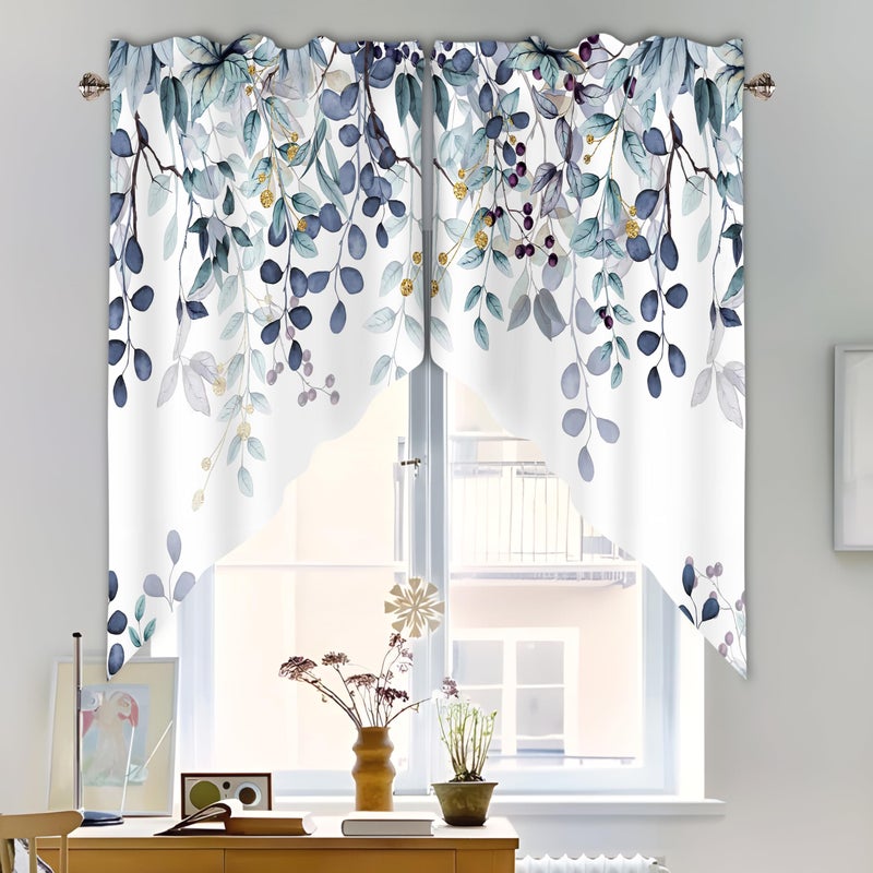 AYTTBIS Dark Blue Eucalyptus Swag Curtain Valance for Windows,Watercolor Leaves Window Treatments Short Swag Topper for Kitchen Windows Bathroom Bedroom,28 x 36 Inch, 1 Pair - Image 5