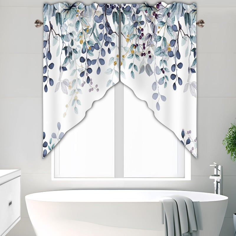 AYTTBIS Dark Blue Eucalyptus Swag Curtain Valance for Windows,Watercolor Leaves Window Treatments Short Swag Topper for Kitchen Windows Bathroom Bedroom,28 x 36 Inch, 1 Pair - Image 3
