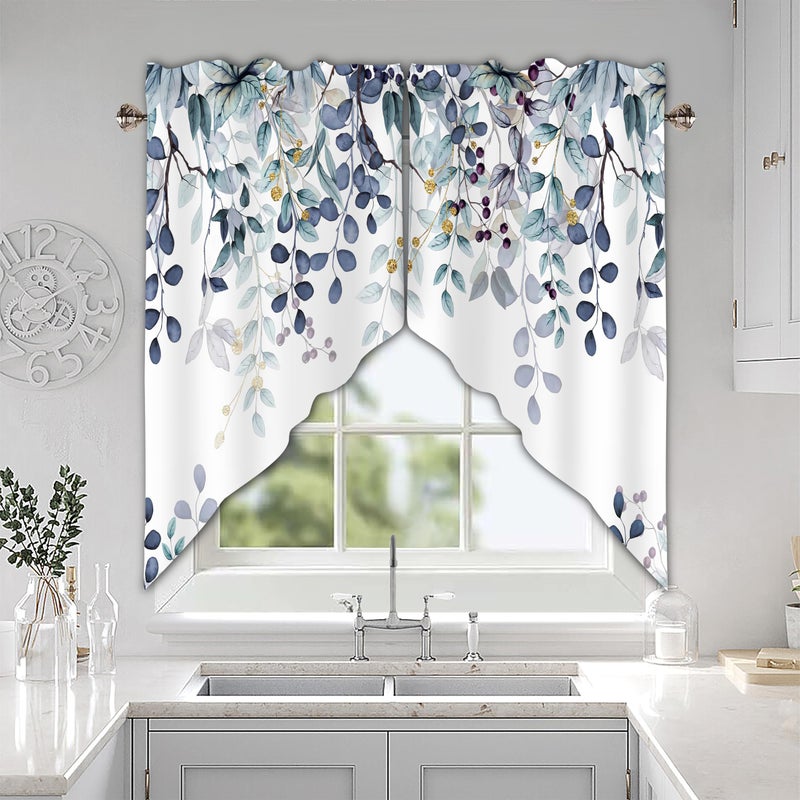 AYTTBIS Dark Blue Eucalyptus Swag Curtain Valance for Windows,Watercolor Leaves Window Treatments Short Swag Topper for Kitchen Windows Bathroom Bedroom,28 x 36 Inch, 1 Pair - Image 2