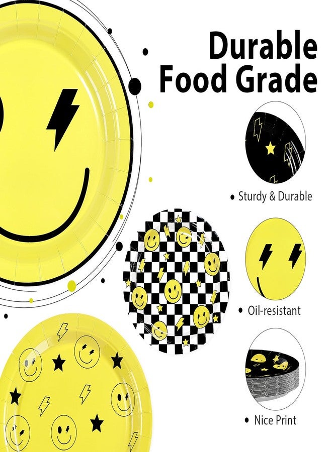 Grencian 60Pcs Smile Face Paper Plates 9" Disposable Heavy Duty One Happy Dude Paper Platters Yellow Lightning Star Checkered Dessert Plates for Kids Baby Shower Birthday Party Decorations - Image 3