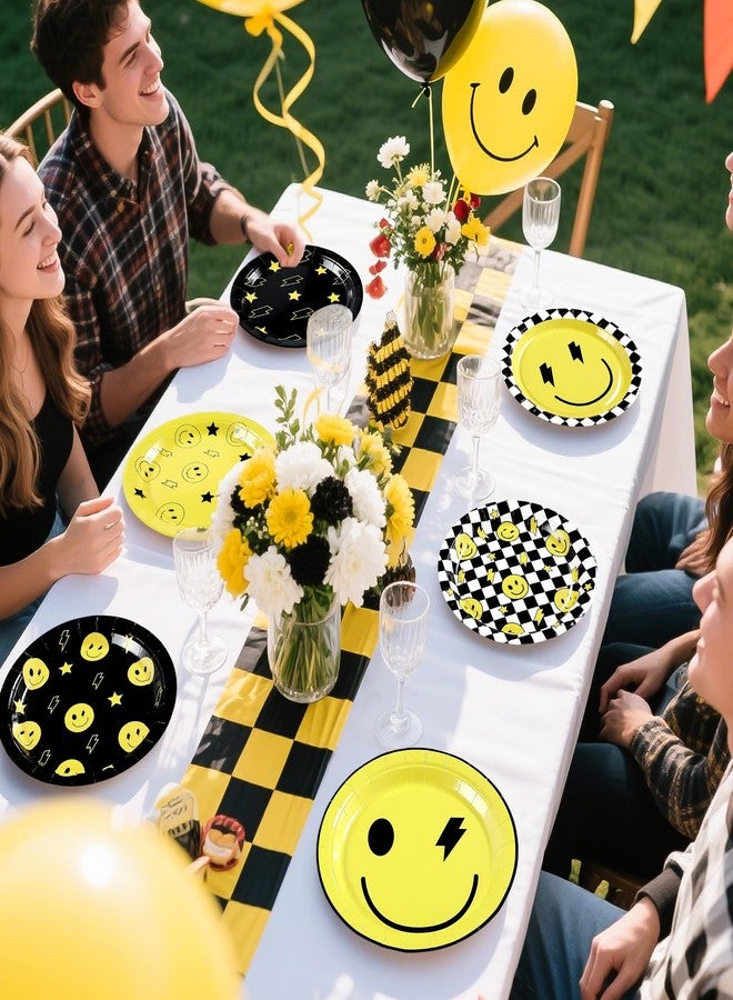 Grencian 60Pcs Smile Face Paper Plates 9" Disposable Heavy Duty One Happy Dude Paper Platters Yellow Lightning Star Checkered Dessert Plates for Kids Baby Shower Birthday Party Decorations - Image 4