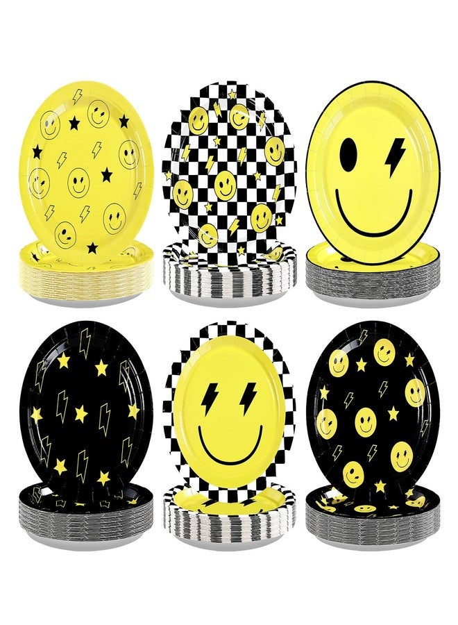 Grencian 60Pcs Smile Face Paper Plates 9" Disposable Heavy Duty One Happy Dude Paper Platters Yellow Lightning Star Checkered Dessert Plates for Kids Baby Shower Birthday Party Decorations - Image 1