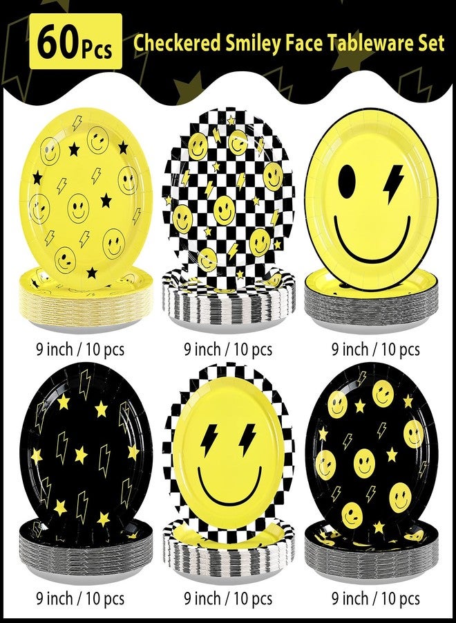 Grencian 60Pcs Smile Face Paper Plates 9" Disposable Heavy Duty One Happy Dude Paper Platters Yellow Lightning Star Checkered Dessert Plates for Kids Baby Shower Birthday Party Decorations - Image 2