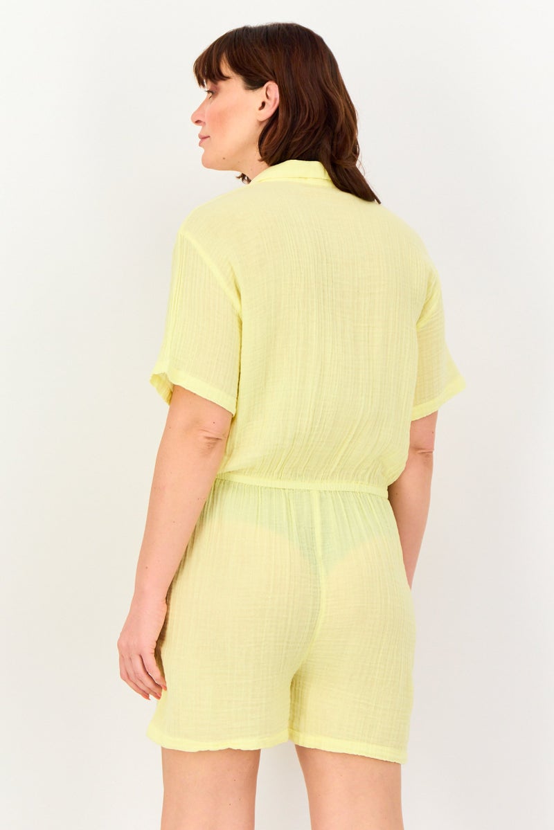 promod Women Plain Short Sleeve Playsuits, Yellow - Image 3