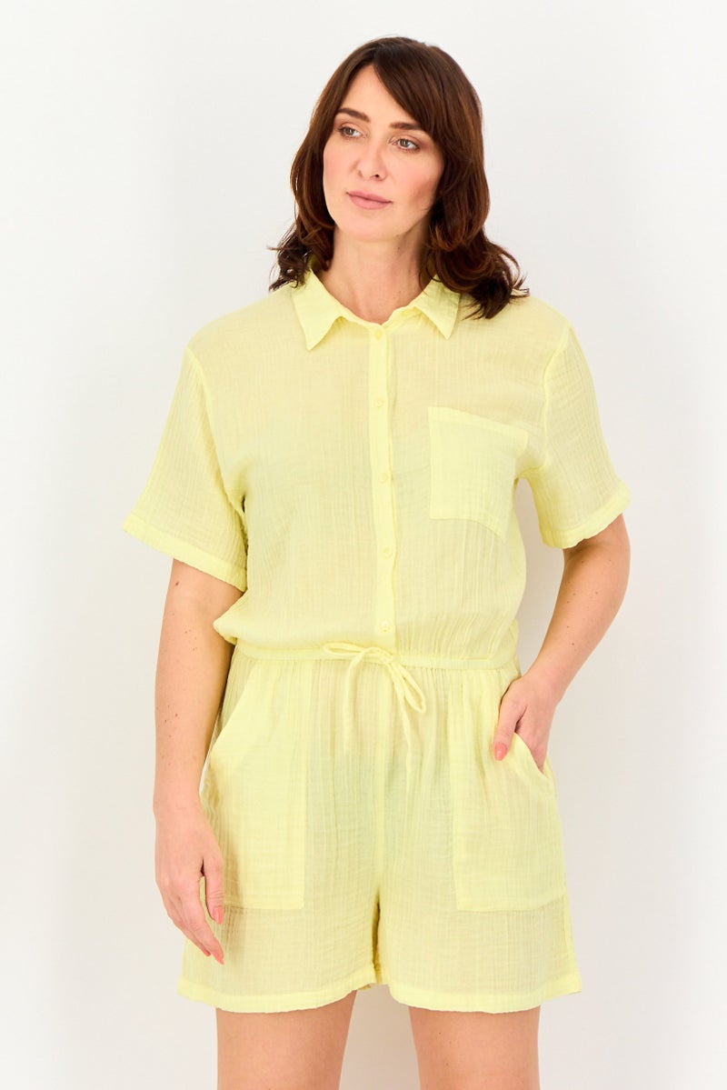 promod Women Plain Short Sleeve Playsuits, Yellow - Image 1