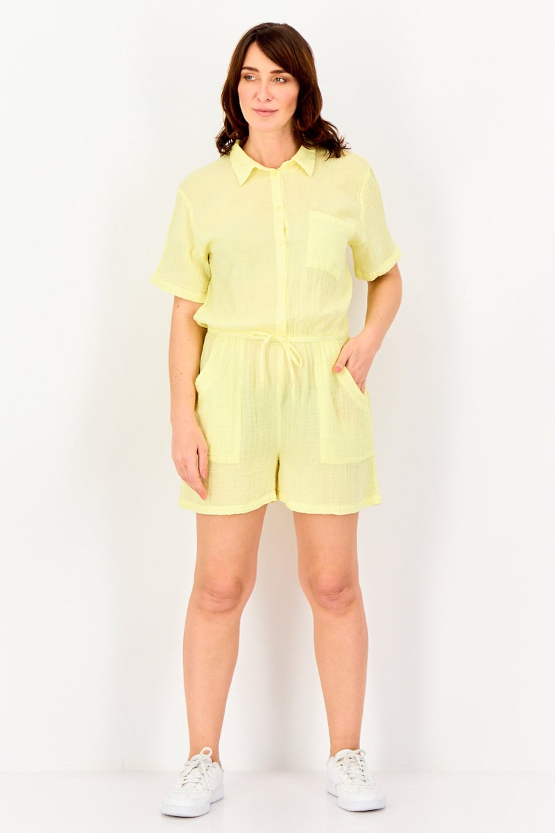 promod Women Plain Short Sleeve Playsuits, Yellow - Image 4