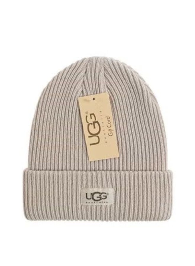 UGG Light Beige Ribbed Knit Beanie with Brand Patch
