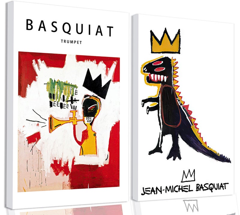 Riveda Framed 2Pcs Basquiat Wall Art Canvas Set Jean-Michel Basquiat Graffiti Style Painting Print Modern Abstract Street Art Picture Gallery Canvas Poster for Living Room Bedroom Office DÃ©cor 12x16Inch - Image 1