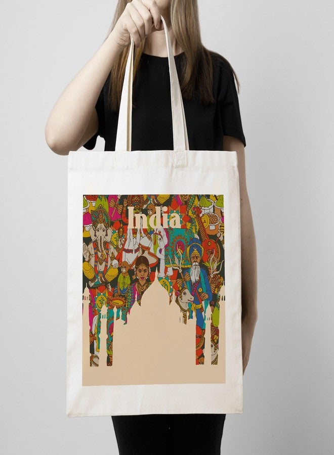 ARTBUG Tote Bag for Women with zip, Aesthetic Canvas tote bag for college girls, office, stylish and reusable - India Theme - D No - 223 - Image 3