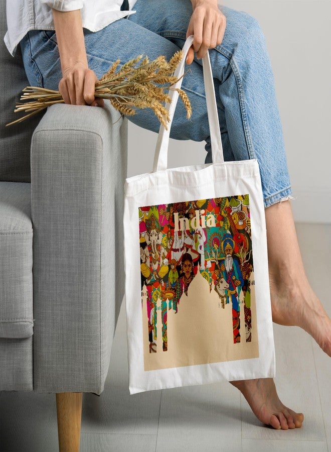 ARTBUG Tote Bag for Women with zip, Aesthetic Canvas tote bag for college girls, office, stylish and reusable - India Theme - D No - 223 - Image 2