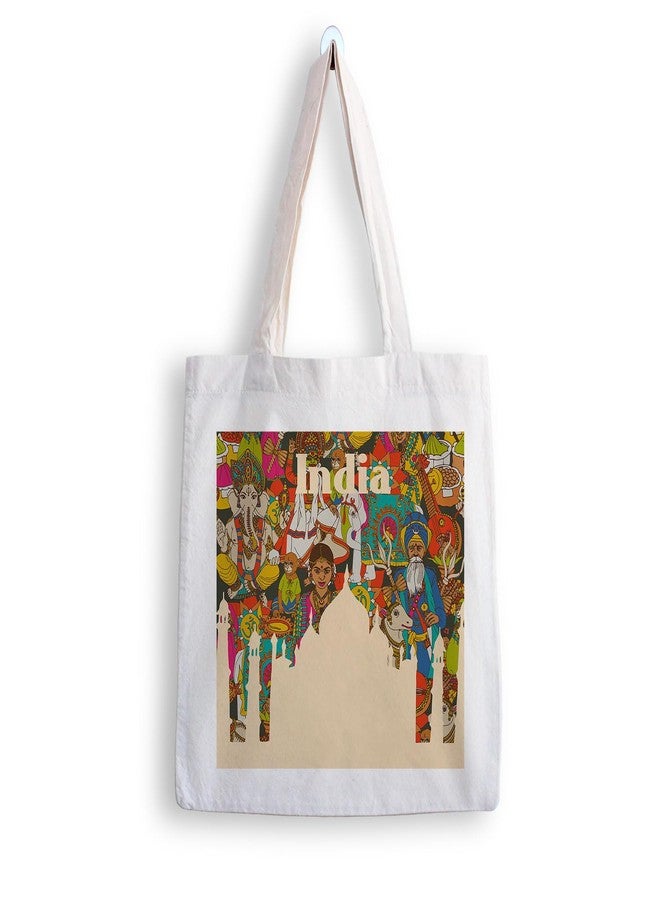 ARTBUG Tote Bag for Women with zip, Aesthetic Canvas tote bag for college girls, office, stylish and reusable - India Theme - D No - 223 - Image 1